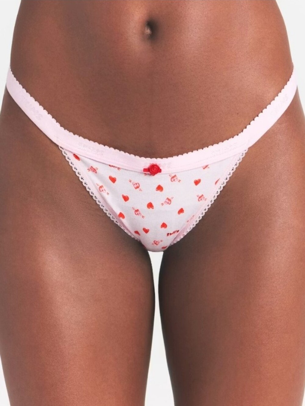 NWT SKIMS Lightweight Cotton Picot Logo Thong Baby Pink Arrowed Hearts Large L